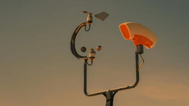Weather station with anemometer and wind vane mounted on a pole against a warm sunset sky, used for renewable energy monitoring