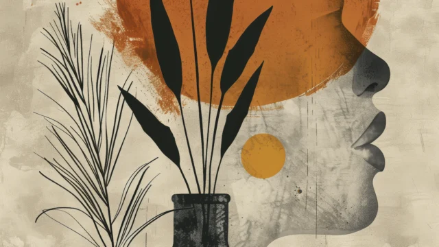 Abstract art print featuring a woman's profile silhouette overlaid with an orange circle, black vases and botanical leaves in a textured risograph style