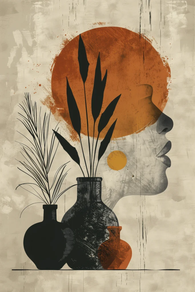 Abstract art print featuring a woman's profile silhouette overlaid with an orange circle, black vases and botanical leaves in a textured risograph style