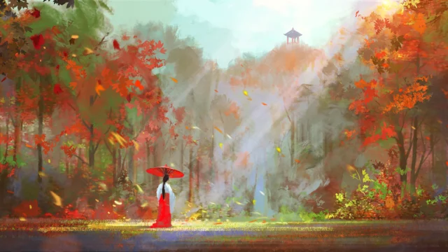 Digital painting of a woman in a red kimono holding a red parasol standing in a glowing autumn forest with rays of light and a distant pavilion
