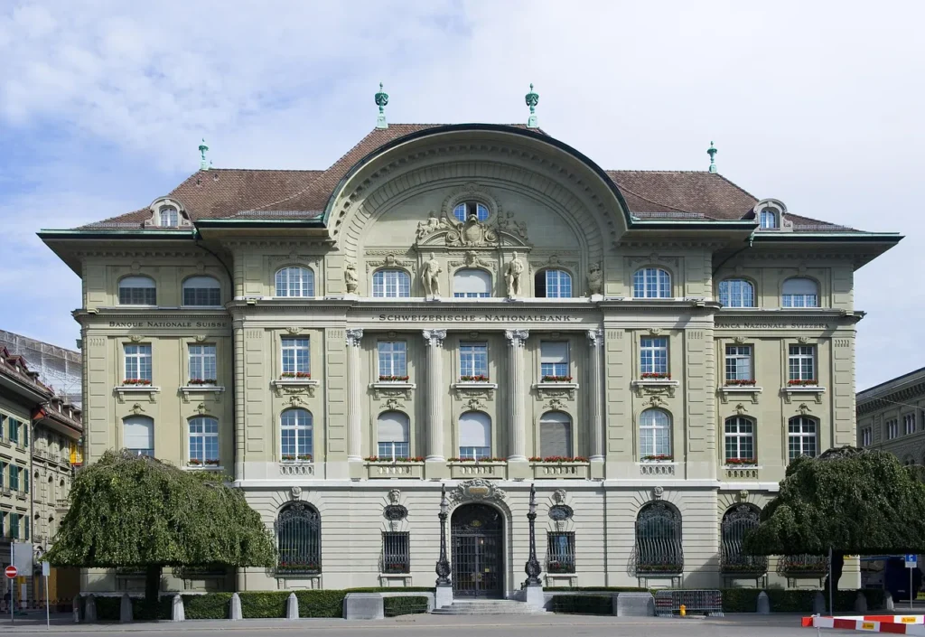 Neoclassical facade representing traditional banking contrasted with Bitcoin-native banking