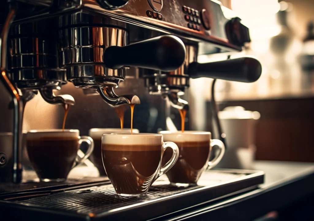Professional espresso machine brewing multiple shots simultaneously into glass cups with warm golden ambient lighting, close-up view