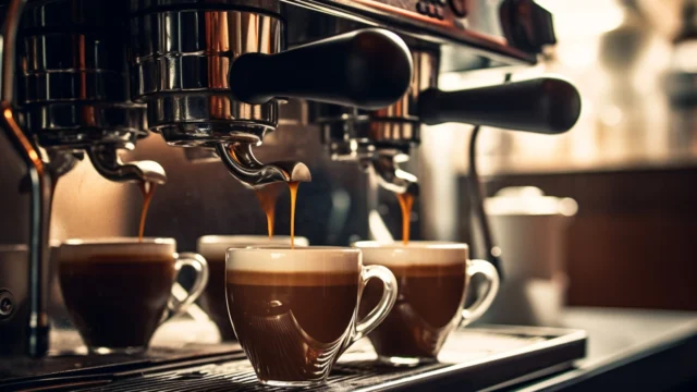 Professional espresso machine brewing multiple shots simultaneously into glass cups with warm golden ambient lighting, close-up view