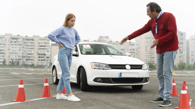 Driving instructor explaining something to a female student standing in front of a white learner car on a practice course with traffic cones