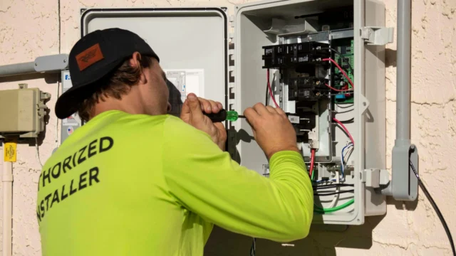 Authorized installer in a high-visibility yellow shirt working with a screwdriver on an outdoor electrical panel box