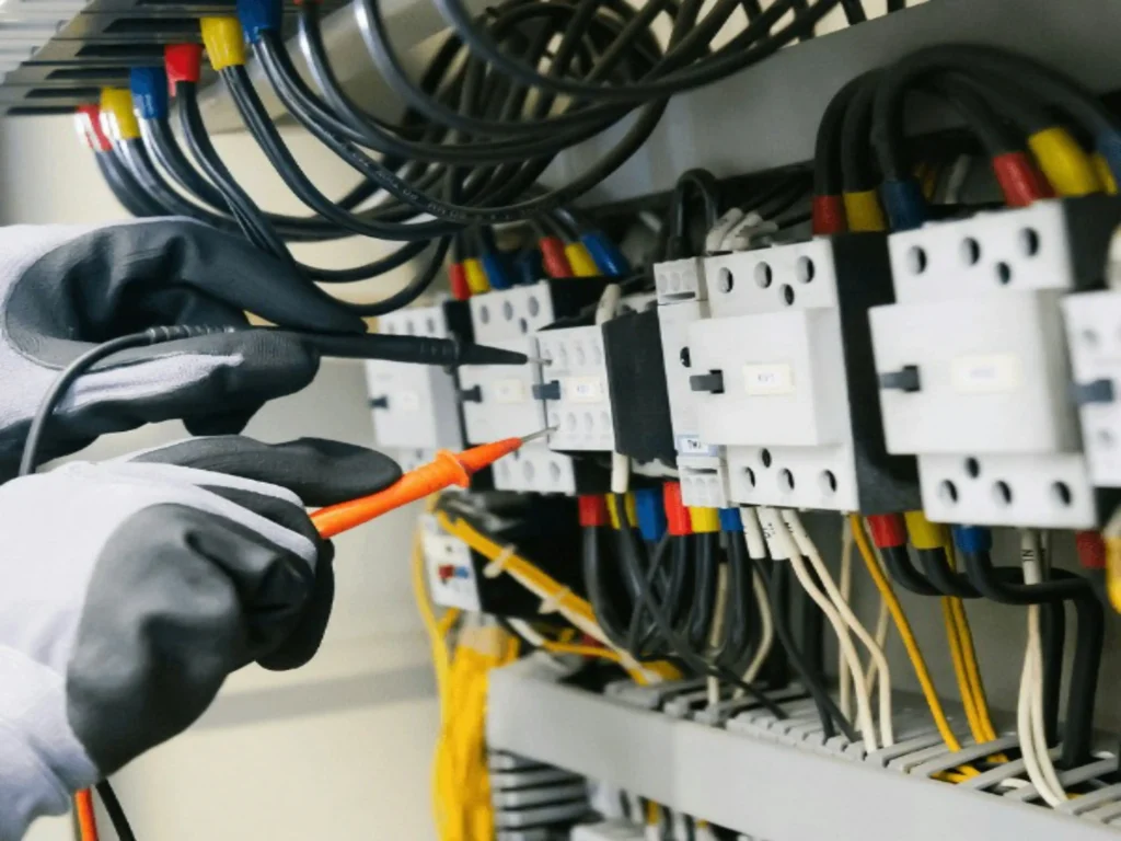 Electrician wearing protective gloves using a test probe on a circuit breaker panel with colorful wiring and contactors, close-up view