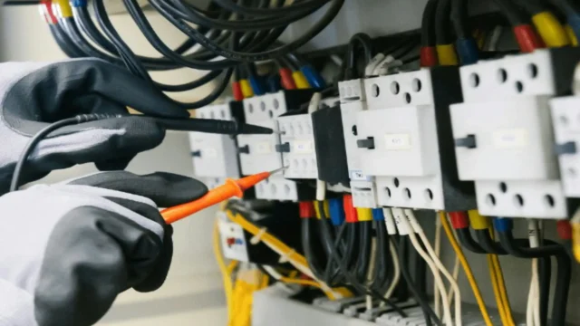 Electrician wearing protective gloves using a test probe on a circuit breaker panel with colorful wiring and contactors, close-up view