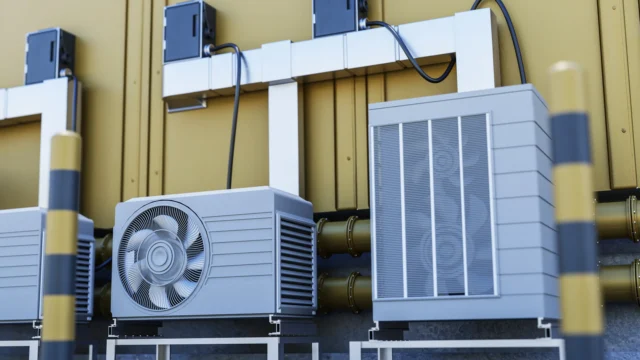 3D render of industrial air conditioning units and heat pumps mounted outside a yellow building with pipes and electrical cables