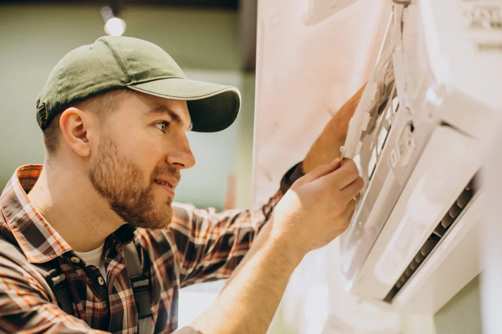 Technician in a cap and plaid shirt installing or servicing a wall-mounted air conditioning unit, close-up view