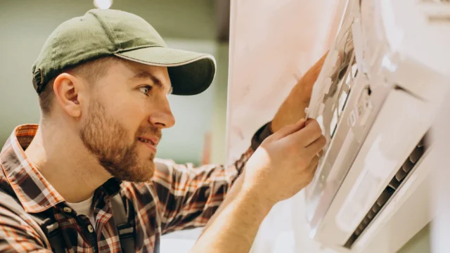 Technician in a cap and plaid shirt installing or servicing a wall-mounted air conditioning unit, close-up view