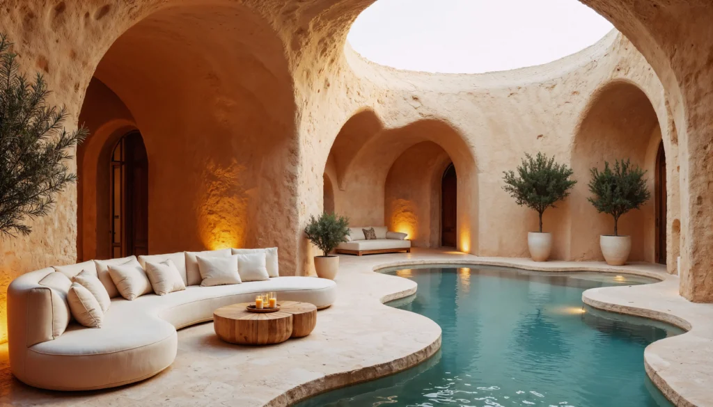 Stunning cave-style villa interior with a turquoise pool, curved white sofa, olive trees and warm candlelight under sandstone arched ceilings