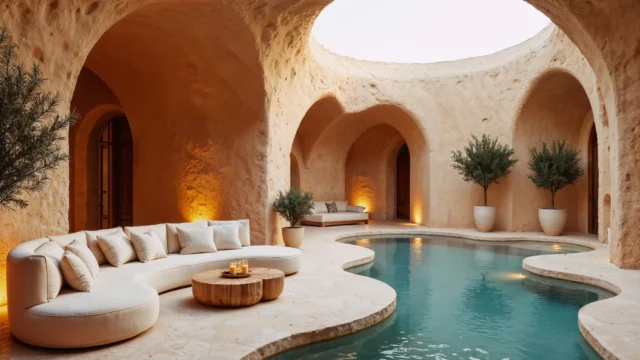 Stunning cave-style villa interior with a turquoise pool, curved white sofa, olive trees and warm candlelight under sandstone arched ceilings