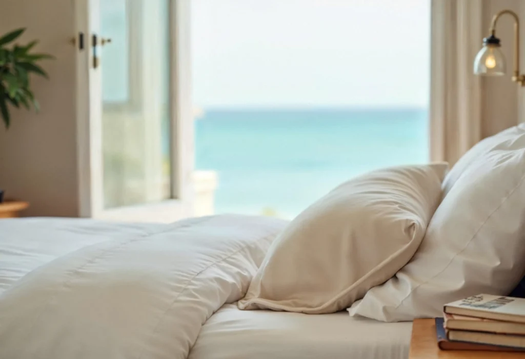 White hotel bed with soft pillows and an open terrace door revealing a turquoise sea view in a bright airy bedroom