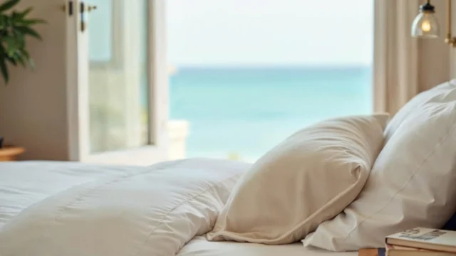 White hotel bed with soft pillows and an open terrace door revealing a turquoise sea view in a bright airy bedroom