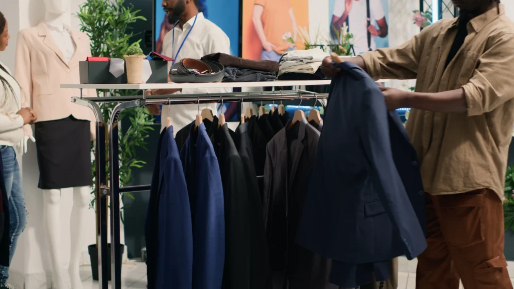 Man browsing a rack of navy and dark blazers in a modern menswear clothing store with a sales assistant in the background