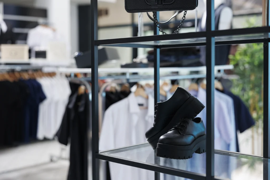 Black leather shoes displayed on a glass shelf in a modern fashion boutique with clothing racks of shirts and jackets in the background