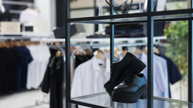 Black leather shoes displayed on a glass shelf in a modern fashion boutique with clothing racks of shirts and jackets in the background
