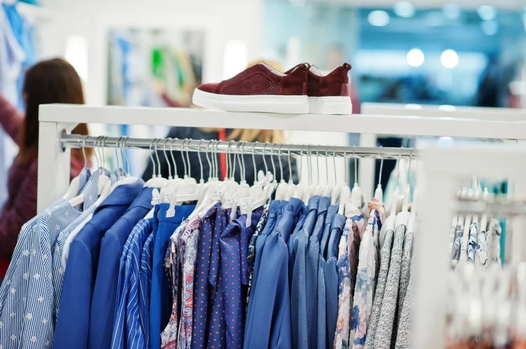 Clothing rack with blue and patterned women's garments in a bright fashion store with a burgundy sneaker displayed on top