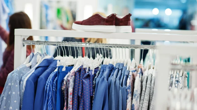 Clothing rack with blue and patterned women's garments in a bright fashion store with a burgundy sneaker displayed on top